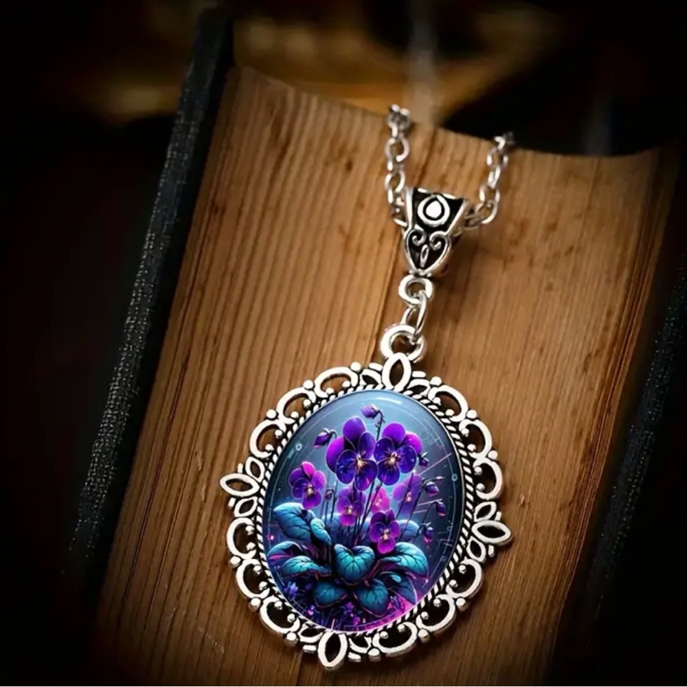 Purple Flower Vintage Inspired Pendant Necklace